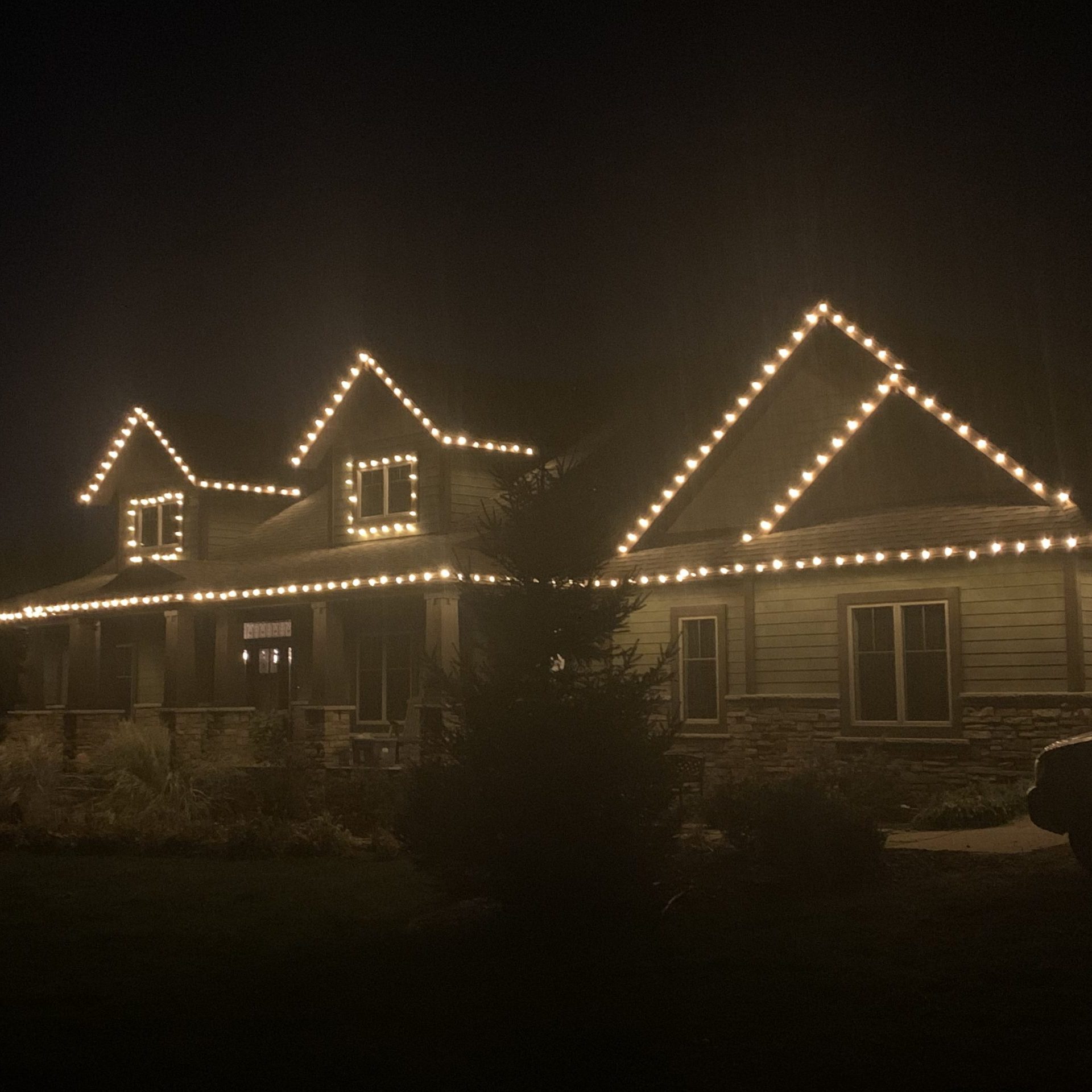 Taken right after we switched out all the C9 bulbs with LEDs. Yep, I even got up on the roof!