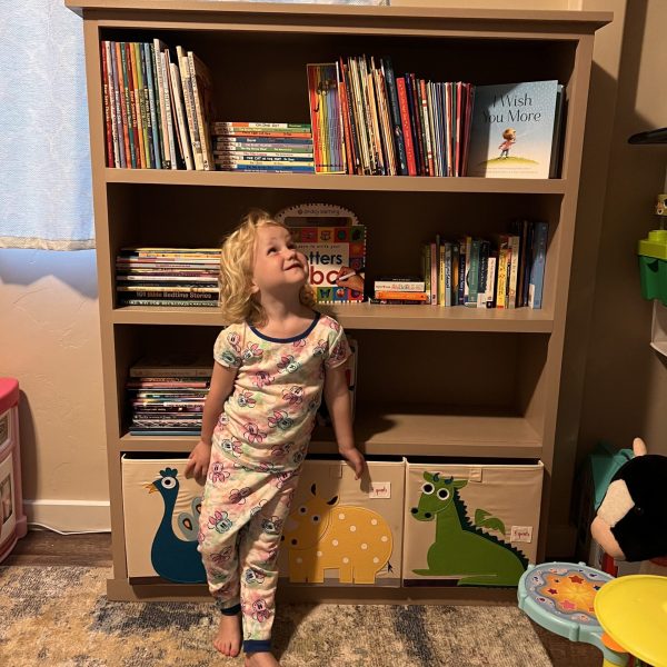 Hadley and her bookcase