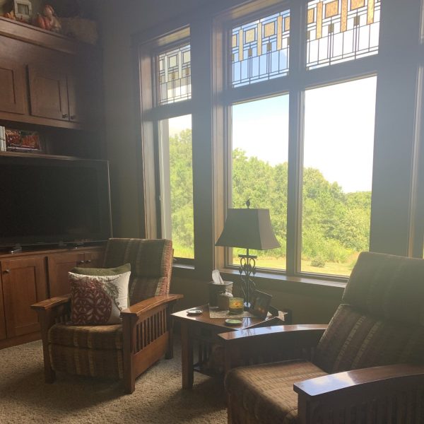 A view of some of the windows. I used the same fabric on these two chairs as I did on the stools to the breakfast bar in the kitchen bringing the two rooms together.